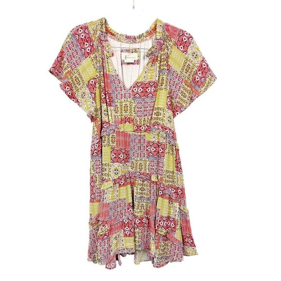 By Anthropologie Robin Tiered Mini Dress Womens Size Small Petite Patchwork Boho - Picture 1 of 13